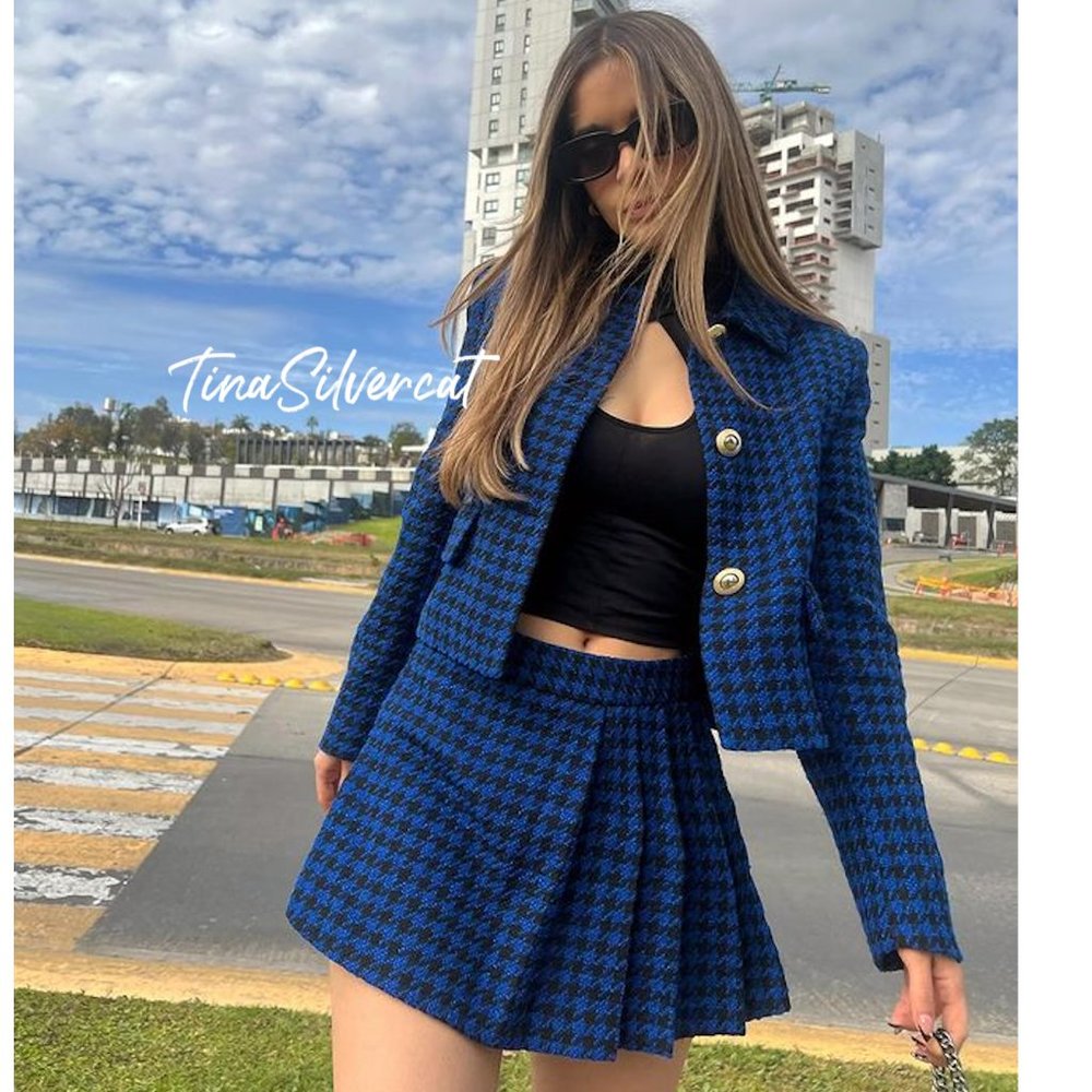 BLOGGER'S FAVE! Zara 2 Piece Co-ord Houndstooth Blazer And Skort Set Blue NWT - Picture 11 of 17